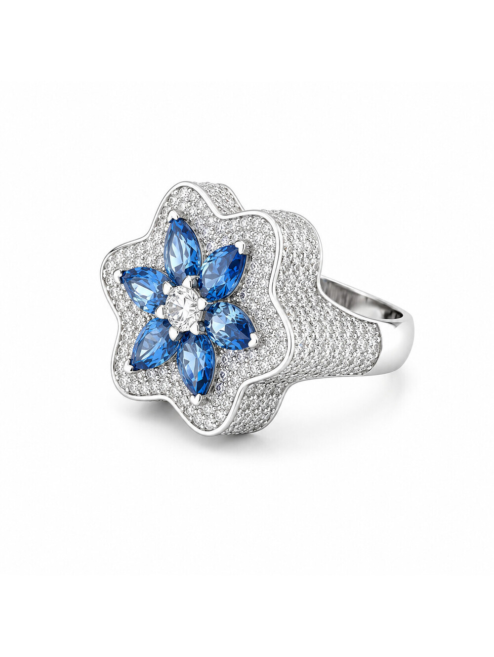 7ct Moissanite Flower Ring 925 Sterling Silver Blue Cocktail Ring BRAND NEW !!